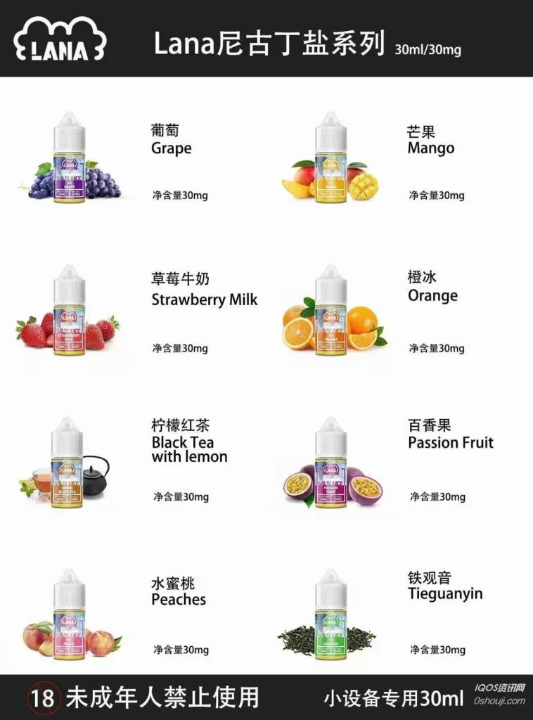 LANA 尼古丁鹽系列煙油口味列表，包含草莓牛奶、芒果冰及鐵觀音等 12 種選擇。